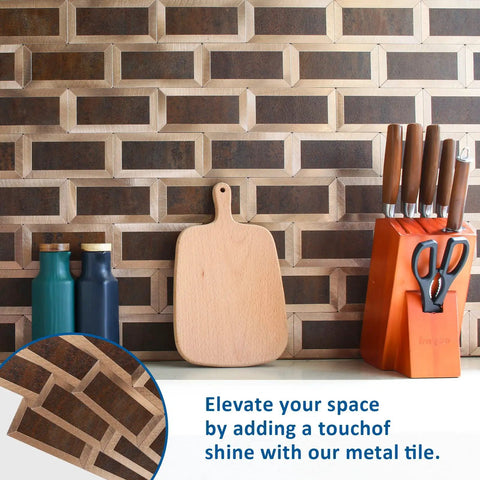 Peel And Stick Kitchen Backsplash Tiles Set 10.24 By 10.31 Inches, Adhesive Metal Copper Look Behind Stove in modern kitchen scene