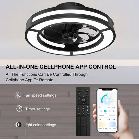 Compact 19 Inch Ceiling Fan With Lights And Smart App Control, Remote Included, Low Profile Flush Mount, Quiet DC Motor