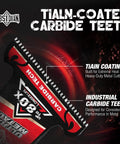 Premium Oscillating Multi Tool Blades For Hard Metal Demolition Featuring TiAlN Coated Carbide Edges and Precision Teeth shown on blade.