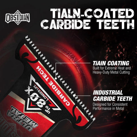 Premium Oscillating Multi Tool Blades For Hard Metal Demolition Featuring TiAlN Coated Carbide Edges and Precision Teeth shown on blade.