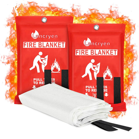 Emergency Fire Blanket Set Two Pack Flame Retardant Fiberglass Fabric With Inner Film, 40x40 Inches, in packaging against flames