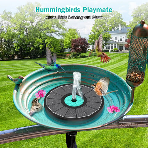 Cyan Flower Solar Fountain Upgrade 3.5W With 7 Nozzles And 4 Fixed Pipes featuring a hummingbird bird bath in a garden.