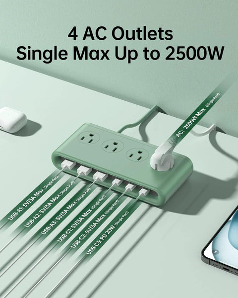All In One Power Strip With 6 USB Ports And 4 AC Outlets, 5 Ft GaN Fast Charging Station, USB-C PD 3.0, Charges Up To 10 Devices, No Fuss Power Hub For Home Office Dorm And Travel, PD20W Ready mint power strip with 4 AC outlets and 6 USB ports, 5 ft cord
