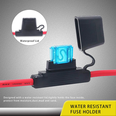 Heavy Duty 2 Pack Waterproof Max In Line Fuse Holder With 6 Awg Pure Oxygen Free Copper Lead Wire showing waterproof lid design.