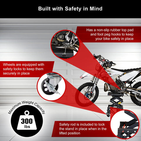 Heavy Duty Scissor Lift Stand For Motorcycles With Adjustable Height From 13.75 To 34 Inches Casters Rubber Top Pad Supports Up To 300 Lb