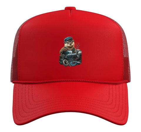 Cool Red Machinist Trucker Hat With Structured Foam And Adjustable Mesh Back Perfect Gift For CNC Guys And Tool Lovers Who Rock Their Vise Gauge Style Daily featuring a cartoon bear on the front.