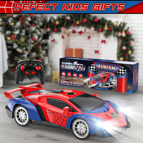 High Speed 1 To 18 Scale Remote Control Car For Kids With Bright LED Lights Realistic Drift Racing Toy With Easy Controller in front of a holiday setting.
