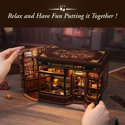 Hands assembling DIY Book Nook Kit For Adults And Teens 3D Wooden Miniature Dollhouse Puzzle With LED Light Tiny House Model