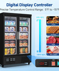 Heavy Duty Commercial Freezer Upright Two Door Glass Display Cold Storage 36 Cubic Feet with digital display for ice cream and frozen foods.