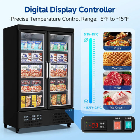 Heavy Duty Commercial Freezer Upright Two Door Glass Display Cold Storage 36 Cubic Feet with digital display for ice cream and frozen foods.