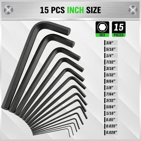 Close-up of 15 SAE inch L-shaped hex keys in 32 Piece Hex Key Set With SAE And Metric Allen Wrenches, Chrome Vanadium Steel.