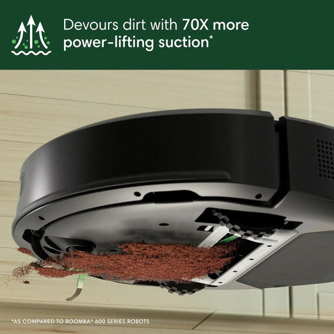 Smart Robot Vacuum With 70X Power-Lifting Suction, LiDAR Mapping, Multi-Surface Cleaning, Cleans In Neat Rows, No-Fuss Setup, Self-Charging, Edge-Sweeping Brush For Bare Floors And Rugs. Bottom view showing dirt being vacuumed.