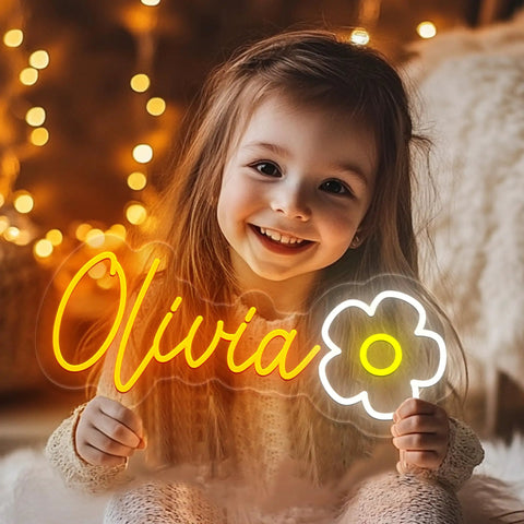 Custom Neon Signs For Wall Decor Personalize Large LED Neon Light Signs With Your Name Or Logo featuring 'Olivia' and flower design