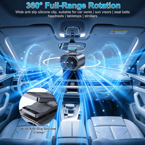 Interior view showcasing Car Clip On Fan With LED Display, 360 Degree Rotation, USB Rechargeable for vehicle cooling