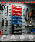 1/4 Inch Hex Bit Organizer With 21 Hole Drill Bit Holder, 45 Degree Angled Interlocking Modular Storage For Pegboard Or Wall Mount in red, blue, black, installed on garage pegboard wall.