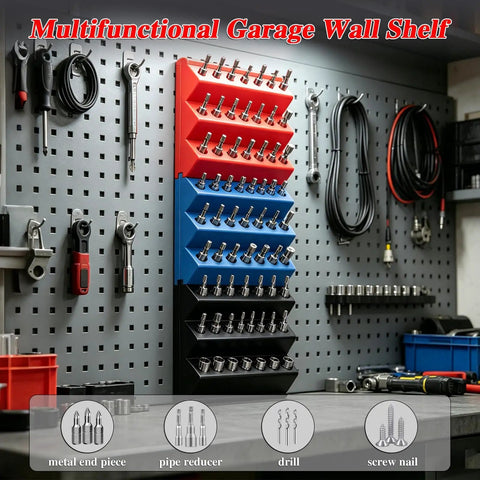 1/4 Inch Hex Bit Organizer With 21 Hole Drill Bit Holder, 45 Degree Angled Interlocking Modular Storage For Pegboard Or Wall Mount in red, blue, black, installed on garage pegboard wall.