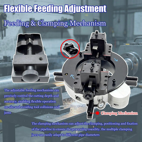 Heavy Duty External Clamp Pipe Beveling Machine With No Fuss Setup And Top Shelf Electric Pipe Cutting For Steel Tubing In 2 To 6.6 Inch Range Running On 220V Single Phase Power Supply feeding and clamping mechanism detail.