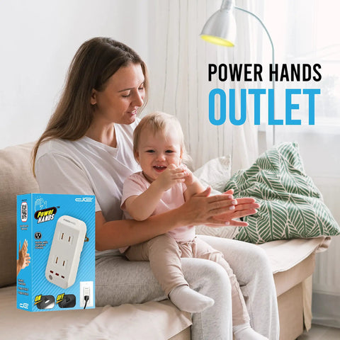 Woman and child clapping near Clap Control Dual Outlet Wall Plug With Noise Sensor, 120V 200W wireless outlet product box