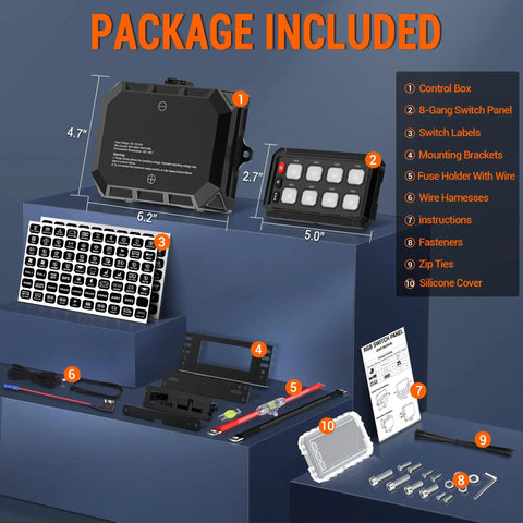 Image showing the 8 Gang Switch Panel With Universal Circuit Control Relay System components included in the package.
