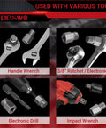 15 Piece Upgrade Screw Extractor Set For Removing Broken Bolts And Studs With Multi Spline Heads Direct Wrench Use Three Eighth Inch Drive Easy Out Bolt Remover Kit shown with various tools including wrenches, ratchet, drill, and impact wrench.