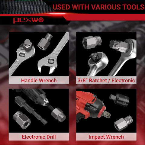 15 Piece Upgrade Screw Extractor Set For Removing Broken Bolts And Studs With Multi Spline Heads Direct Wrench Use Three Eighth Inch Drive Easy Out Bolt Remover Kit shown with various tools including wrenches, ratchet, drill, and impact wrench.