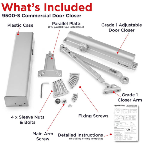 Rock Solid Heavy Duty Commercial Door Closer Automatic Self Closing Hardware For High Traffic Buildings Smooth As Butter Hydraulic Soft Close Damper In Sleek Silver components including grade 1 door closer and installation instructions.