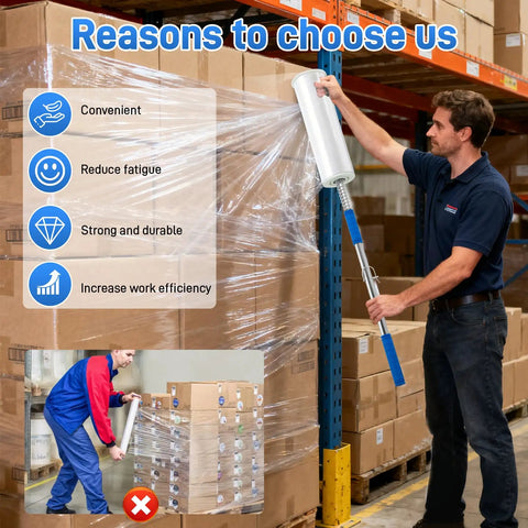 Heavy Duty Stretch Film Dispenser Pole Holder With 48 Inch Reach For Easy Pallet Wrapping Fits 12 To 24 Inch Rolls 2 To 3 Inch Core Pro Grade Wrap Tool For Warehouses And Shops, man wrapping pallet in warehouse