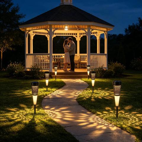 Solar Torch Lights Outdoor With Flickering Flame For Pathways And Garden Waterproof Landscape Lighting illuminating a pathway at night