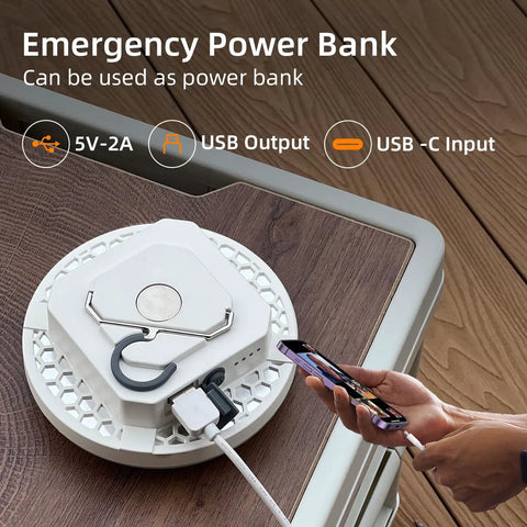 Hanging Camping Tent Light LED Rechargeable Portable Lantern with USB charge feature used as power bank on table