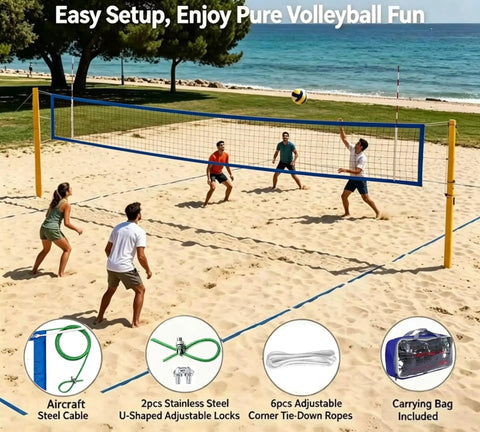 Heavy Duty Outdoor Volleyball Net For Beach And Backyard, Weatherproof And Built To Last, Tough As Nails, Regulation 32x3FT setup on beach with players