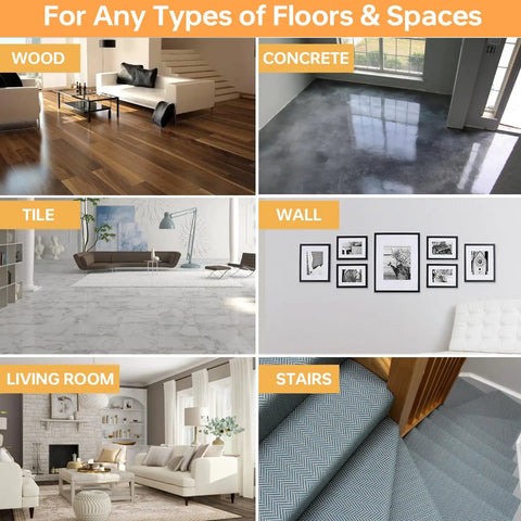 Various flooring types like wood, concrete, tile, shown in a collage for 12 Piece Rug Gripper Kit Non Slip Rug Tape For Hardwood Floors.