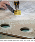 40mm diamond core hole saw attached to a drill drilling into concrete; bottom shows two drilled circular holes in beige masonry board
