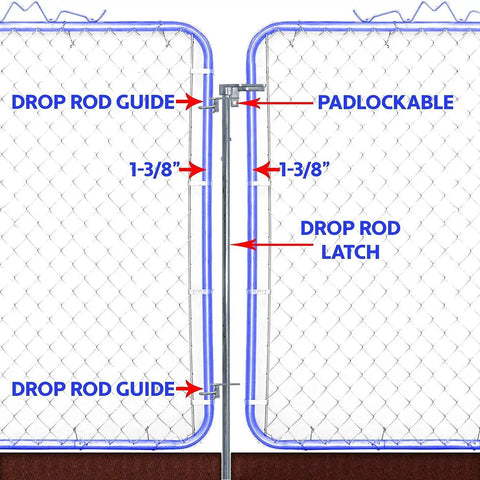 Chain Link Drop Rod Pin Latch for One to Three Eighths Inch Double Gate Frame 36 Inch Long Cane Bolt Style Replacement Easy Gate Security illustrated on chain-link fence