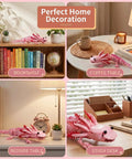 Pink Axolotl Building Block Set 998 Pieces shown as desk decor on bookshelf, coffee table, bedside table, and study desk.