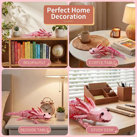 Pink Axolotl Building Block Set 998 Pieces shown as desk decor on bookshelf, coffee table, bedside table, and study desk.