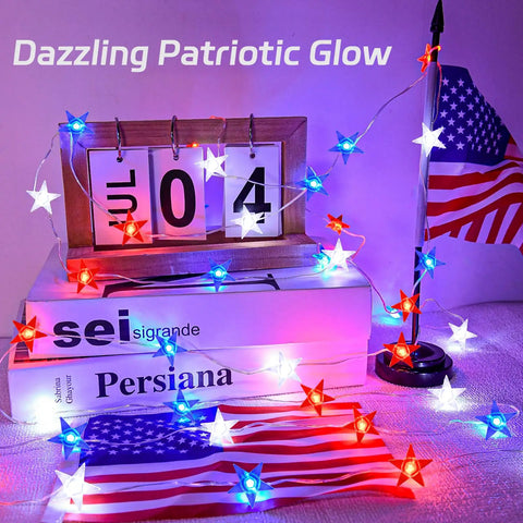 Patriotic Pentagram Star String Lights 13 Ft 40 LED Waterproof Outdoor Battery Operated With Timer Red White And Blue For 4th Of July Memorial Day Presidents Day And More illuminating books and flags indoors.