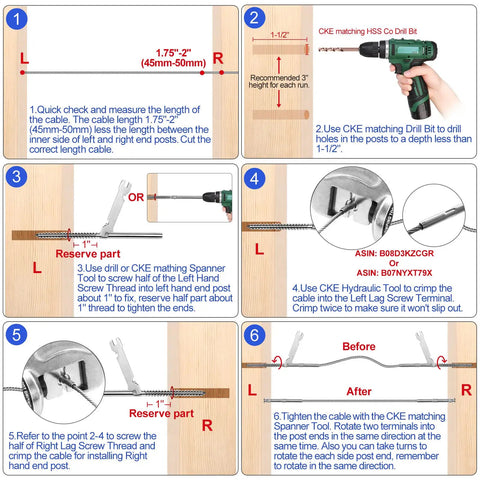 Guide for installing 72 Pack T316 Stainless Steel Left and Right Handed Swage Lag Screws For Wood Posts And One Eighth Inch Cable Deck Railing Kit
