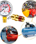 4 Piece Air Compressor Parts Replacement Kit With Relief Valves And Pressure Gauges, One Quarter Inch NPT, 0 To 125 PSI Gauge Range. Brass valve and gauge shown.