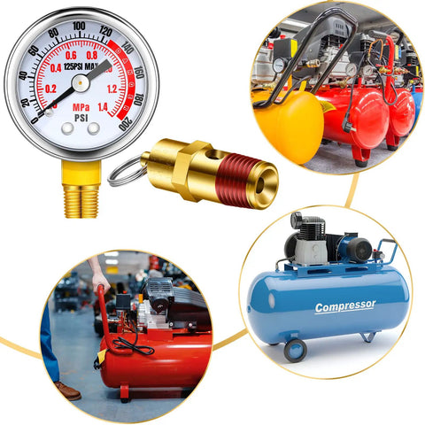4 Piece Air Compressor Parts Replacement Kit With Relief Valves And Pressure Gauges, One Quarter Inch NPT, 0 To 125 PSI Gauge Range. Brass valve and gauge shown.