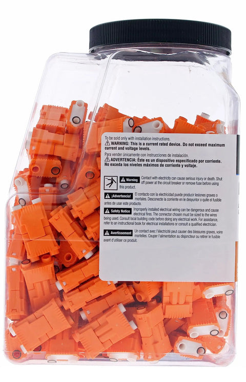 Orange Two Wire Lighting Disconnect Plug 150 Pack With Push In Wire Locking Tech in clear plastic container