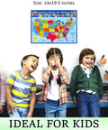 US Map Poster With All 50 State Flags Laminated 14x19.5 In Educational Wall Chart For Kids Classroom Decor, children in front of map