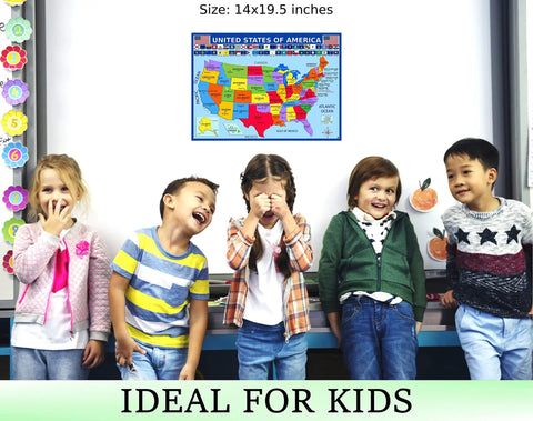US Map Poster With All 50 State Flags Laminated 14x19.5 In Educational Wall Chart For Kids Classroom Decor, children in front of map