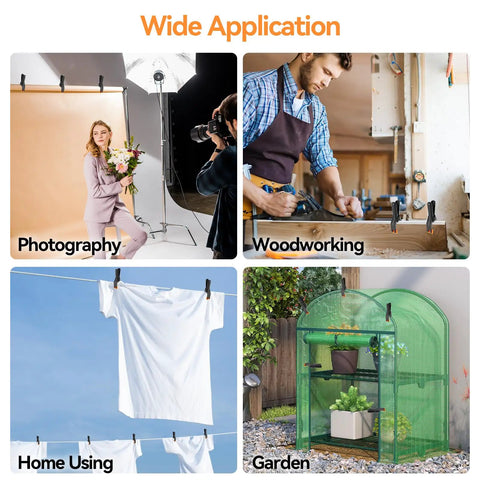 Image showing Six Pack Heavy Duty 4.5 Inch Plastic Spring Clamps For Backdrops And Photography Studios, woodworking, laundry, and gardening uses.
