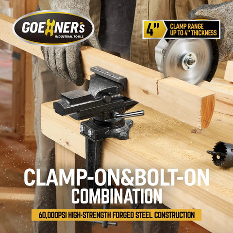 Do-It-All Bench Vise For Woodworking With 3.3 Inch Jaw, 360 Degree Swivel Clamps on wood, showing clamp-on bolt-on capability