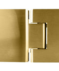 Satin Brass Geneva 180 Series Glass To Glass Standard Hinge with self-centering reversible pivot, close-up view.