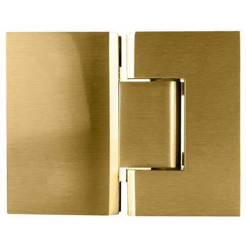 Satin Brass Geneva 180 Series Glass To Glass Standard Hinge with self-centering reversible pivot, close-up view.