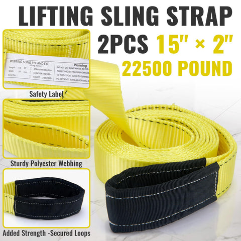 Heavy Duty Lift Sling Straps 15ft 2in Nylon Webbing Slings, 22,500 Lbs Capacity, with safety label and secured loops