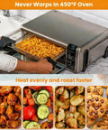 Person using heavy duty stainless steel air fryer basket replacement tray compatible with Foodi XL Oven, filled with fries.