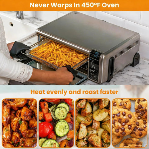Person using heavy duty stainless steel air fryer basket replacement tray compatible with Foodi XL Oven, filled with fries.