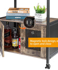 Real Deal Farmhouse Coffee Bar Cabinet And Three Tier Rolling Cart With Loaded Storage Drawer Sturdy Locking Casters Rustic Brown Wood Frame showing magnetic lock detail and organized drinks.